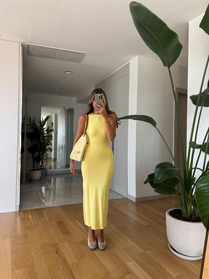 Sindy Sıfır Kol Jarse Elbise - Sarı 