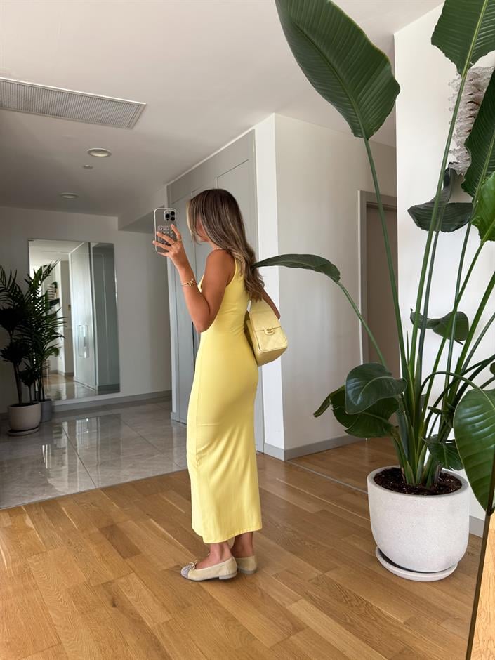 Sindy Sıfır Kol Jarse Elbise - Sarı 