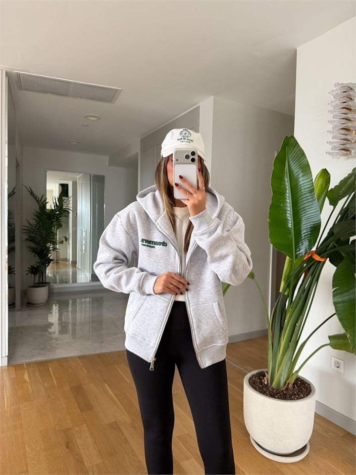Sırt Baskılı Fermuarlı Sweatshirt - Gri