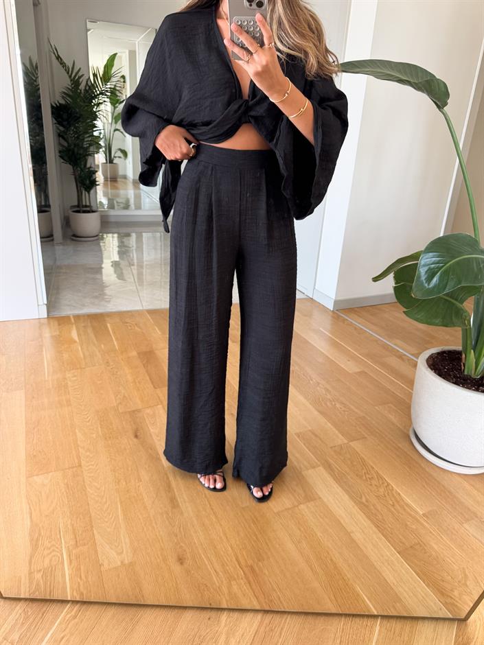 Siyah Bağlama Bluz Pantolon Takım