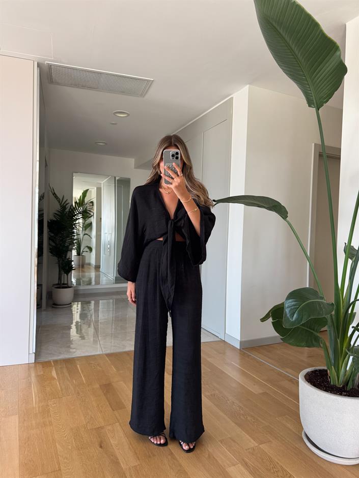 Siyah Bağlama Bluz Pantolon Takım