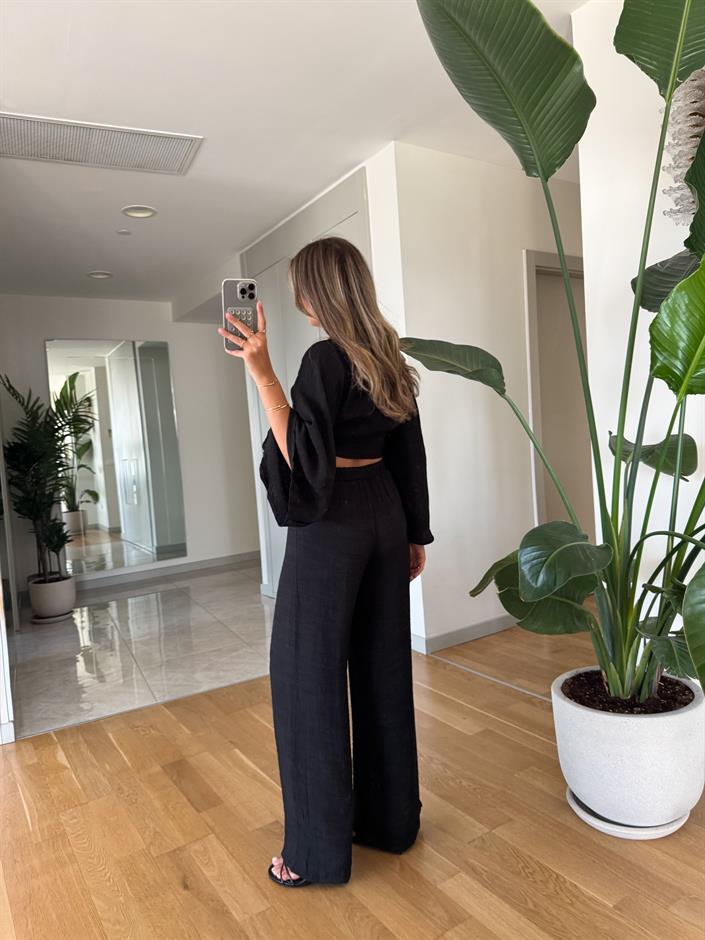 Siyah Bağlama Bluz Pantolon Takım