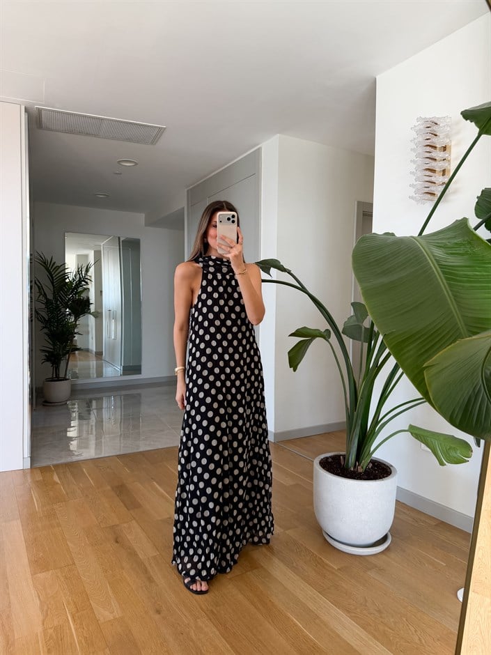 Siyah Puantiyeli Astarlı Elbise