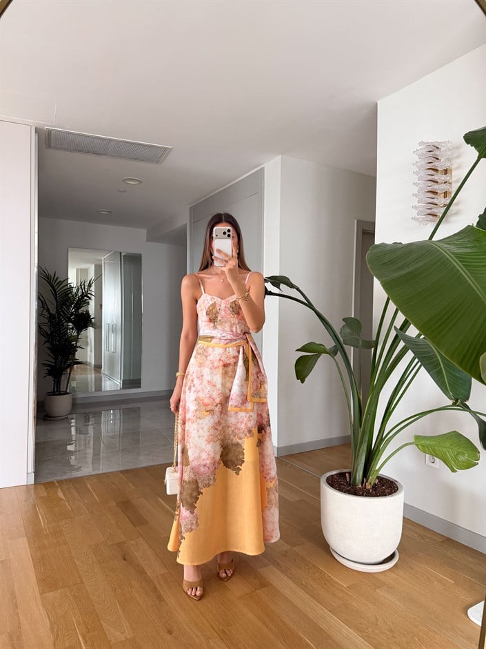 Soft Çiçek Desenli Askılı Elbise - Turuncu