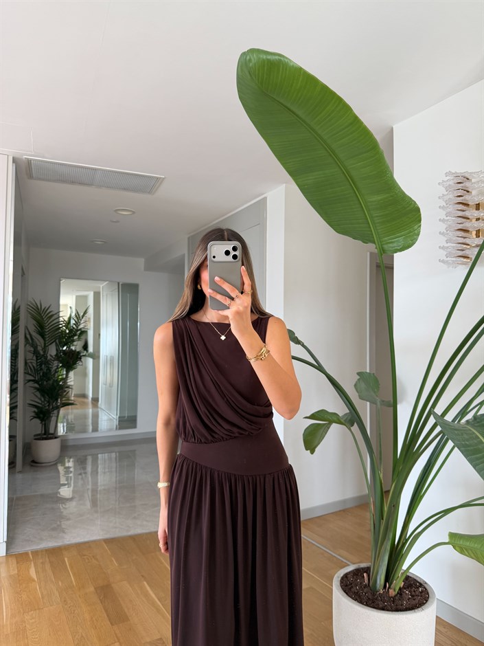 Sonya Belden Oturmalı Elbise - Kahve