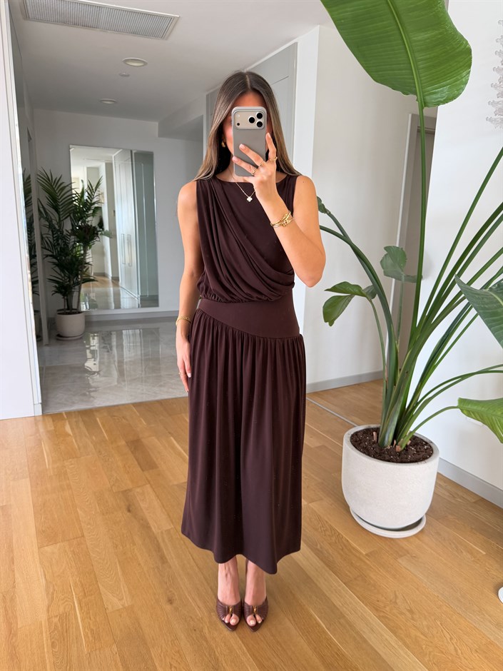 Sonya Belden Oturmalı Elbise - Kahve