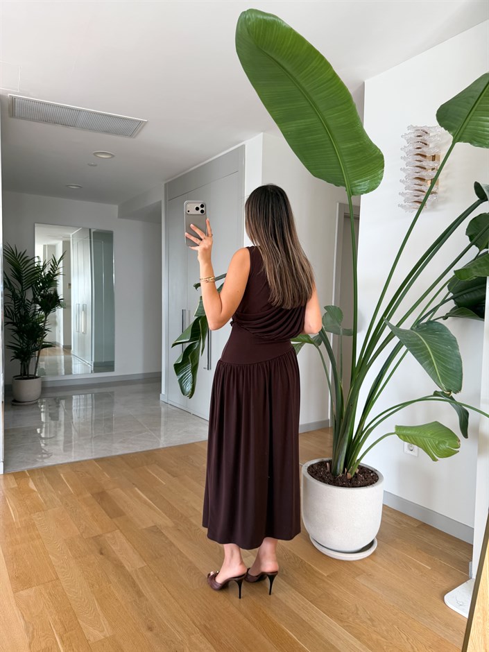 Sonya Belden Oturmalı Elbise - Kahve