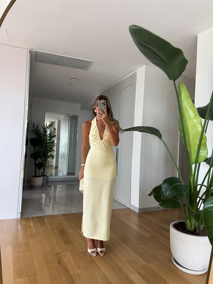 Alusia Göğüs Dekolteli Midi Elbise - Sarı