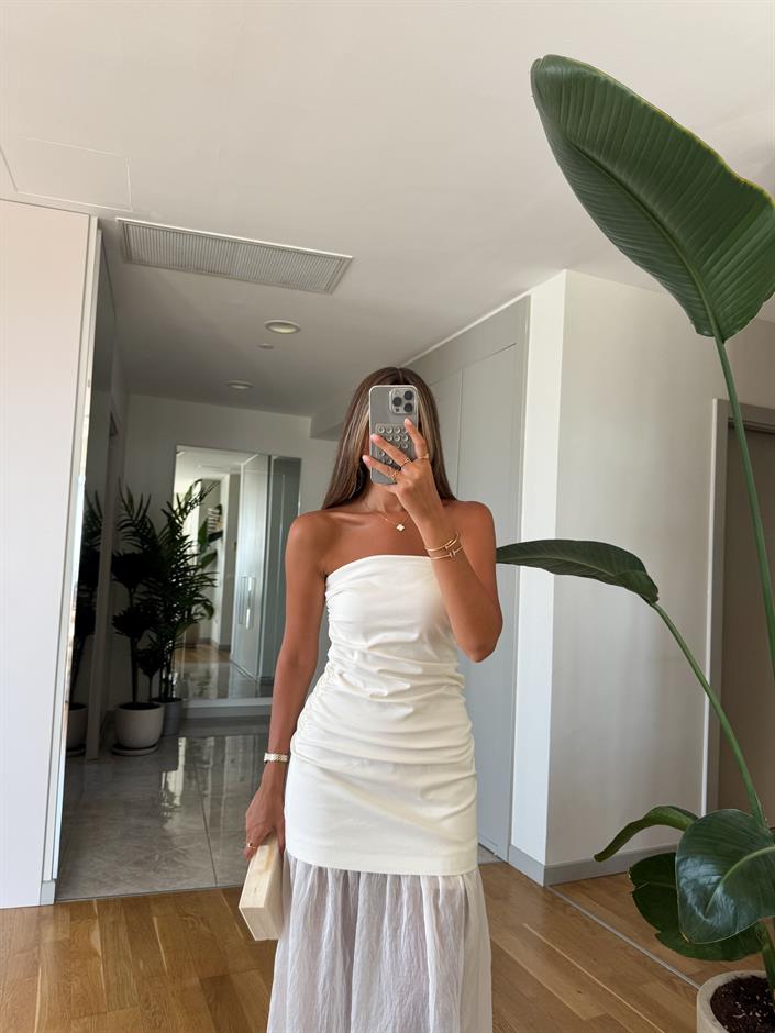 Straplez Kombinasyonlu Elbise - Ekru