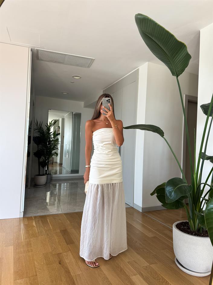 Straplez Kombinasyonlu Elbise - Ekru