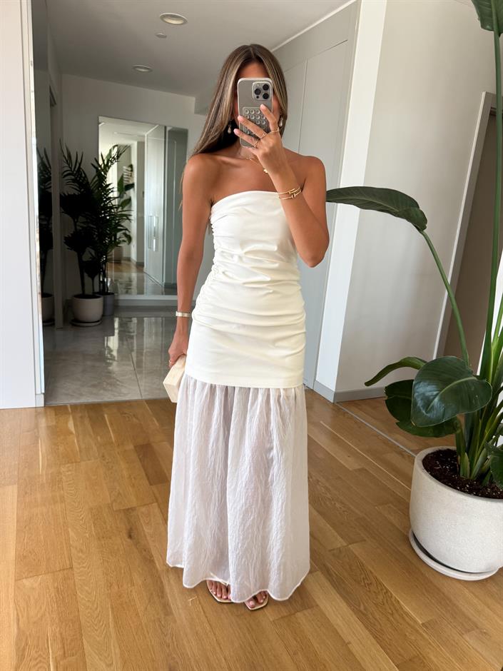 Straplez Kombinasyonlu Elbise - Ekru