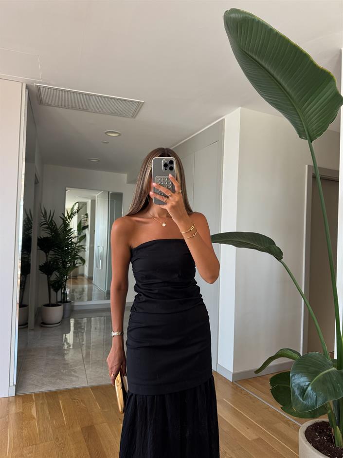 Straplez Kombinasyonlu Elbise - Siyah