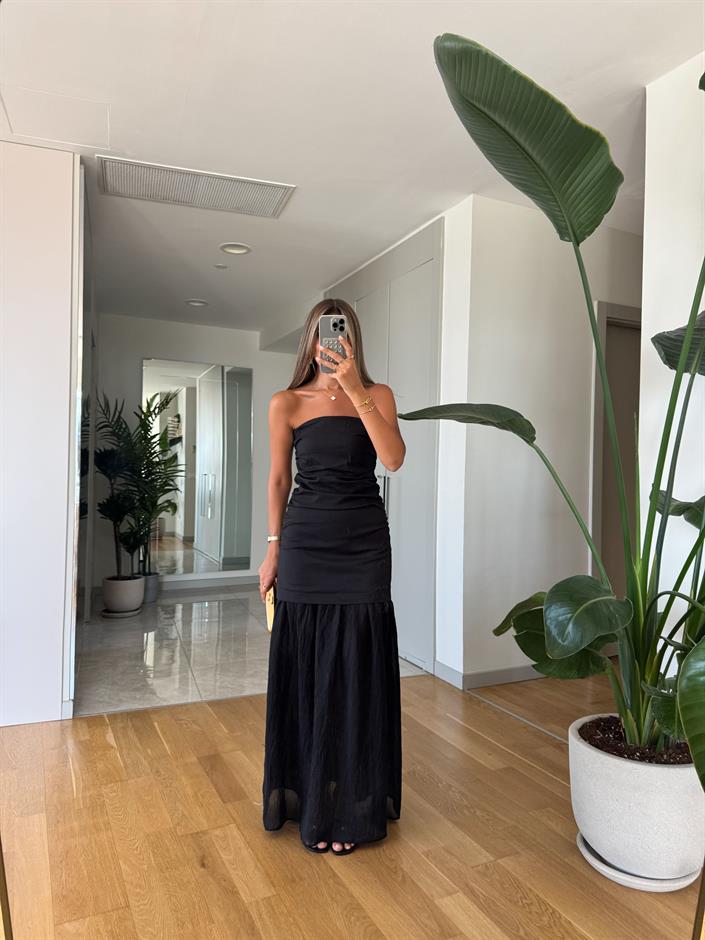 Straplez Kombinasyonlu Elbise - Siyah