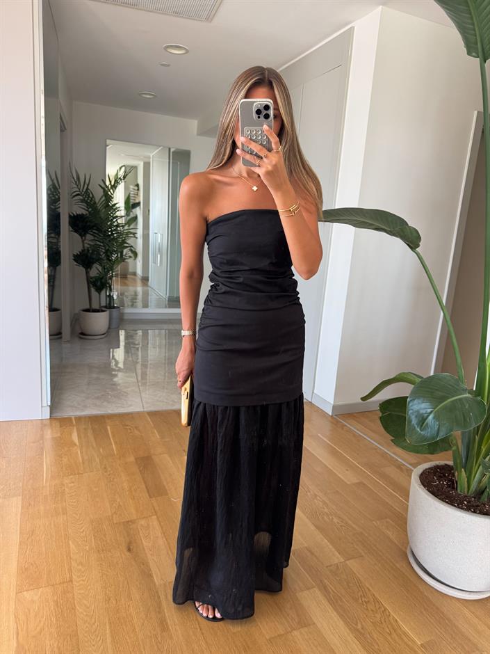 Straplez Kombinasyonlu Elbise - Siyah