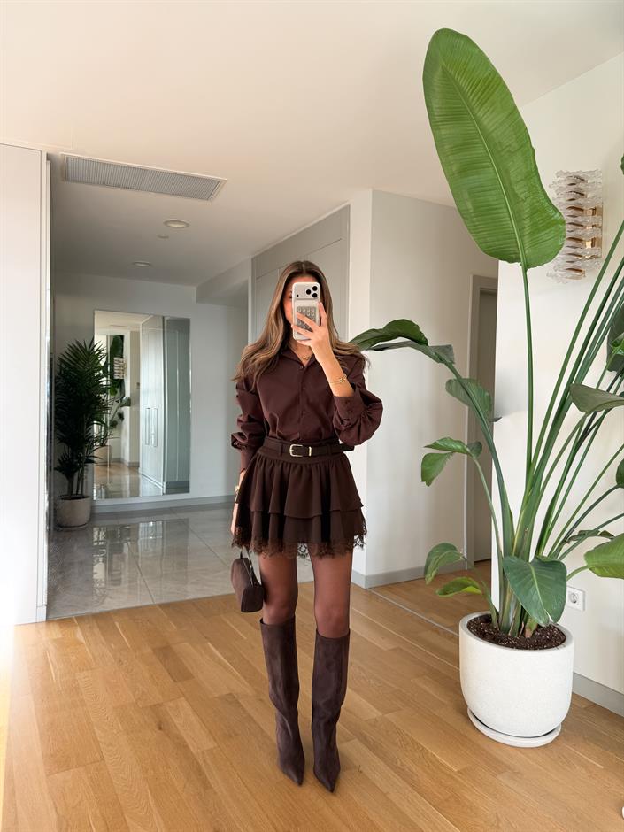 Süet Kemerli Kat Kat Etek - Kahve