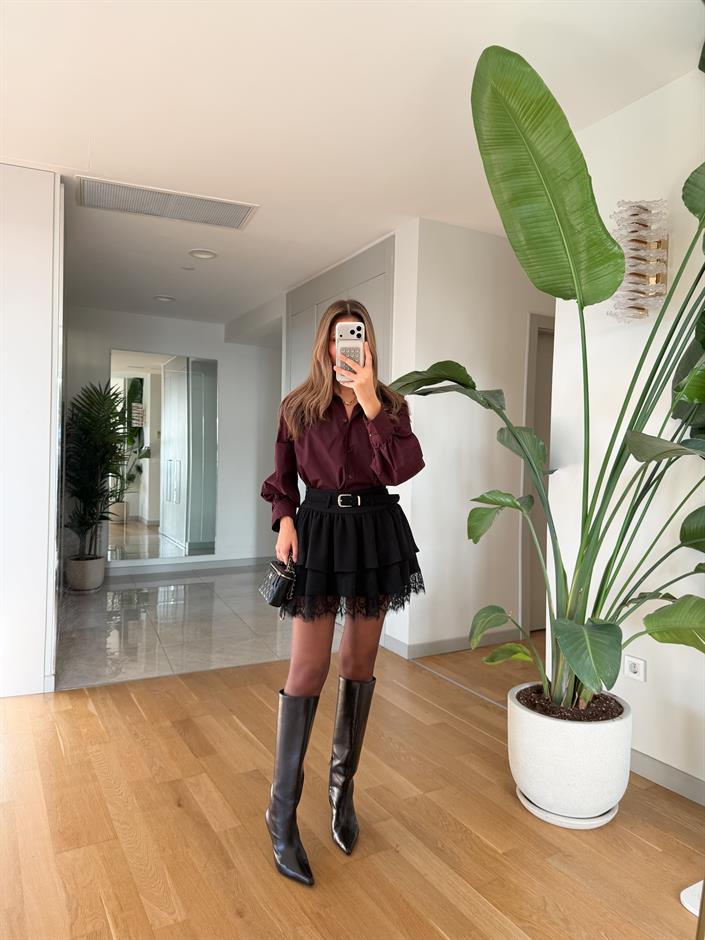 Süet Kemerli Kat Kat Etek - Siyah