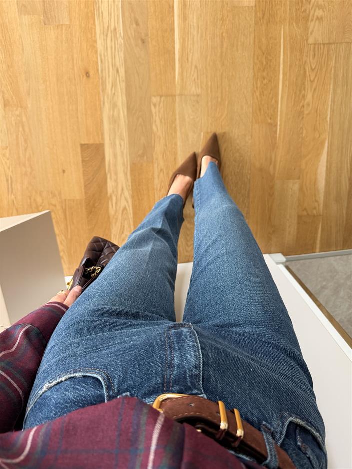 Süet Kemerli Straight Jean - Mavi 