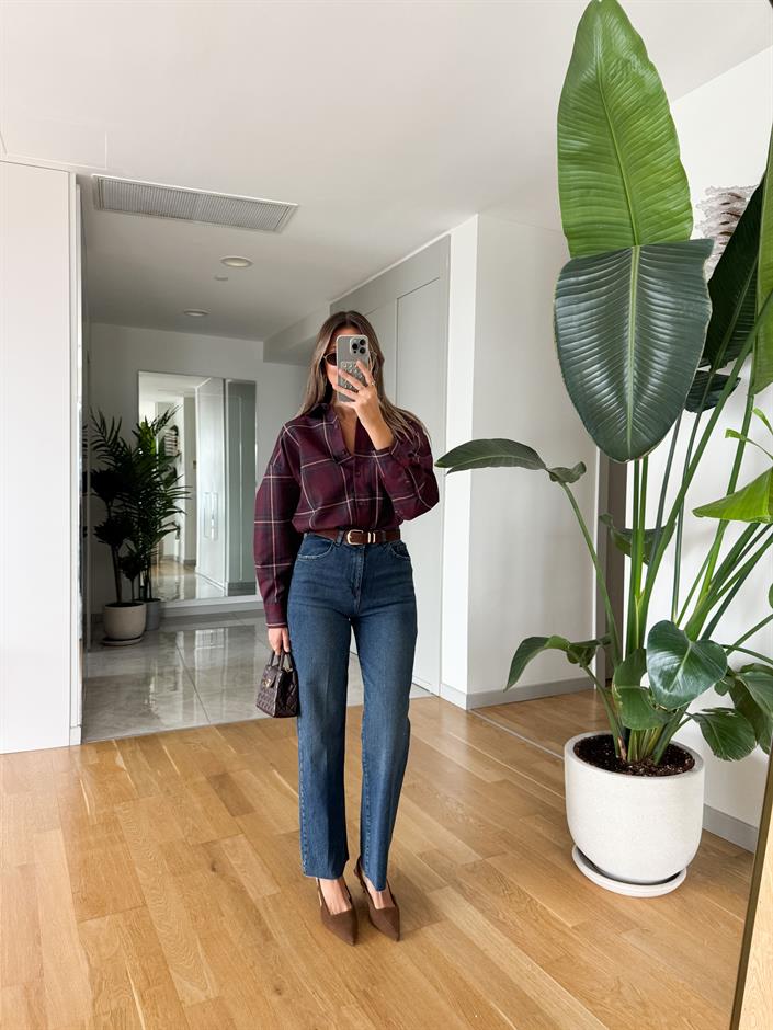 Süet Kemerli Straight Jean - Mavi 