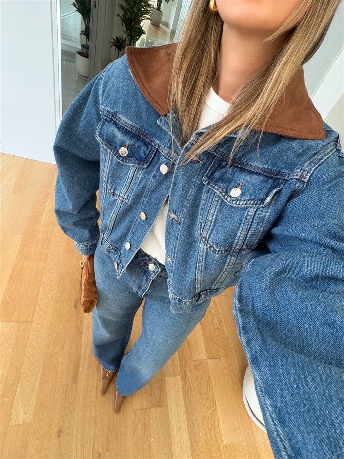 Süet Yakalı Denim Ceket - Mavi 