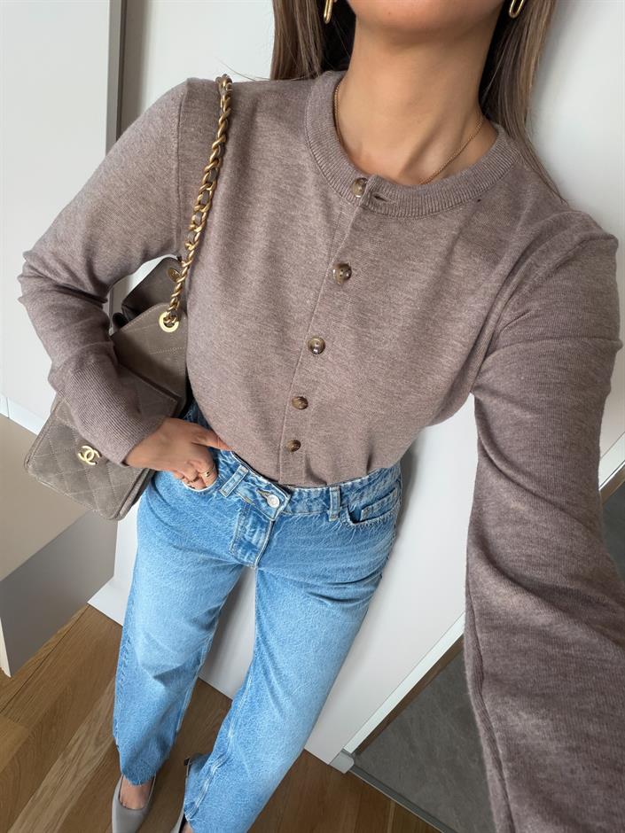 Swain Bisiklet Yaka Düğmeli Triko Hırka - Bej