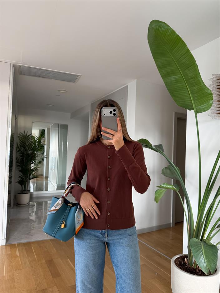 Swain Bisiklet Yaka Düğmeli Triko Hırka - Kahve