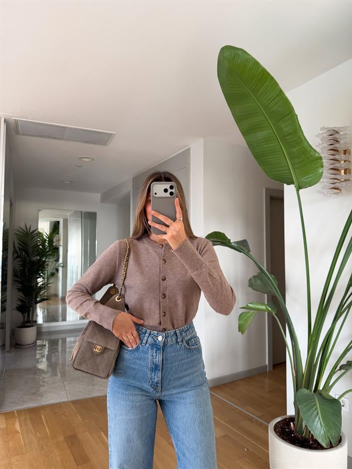 Swain Bisiklet Yaka Düğmeli Triko Hırka - Bej