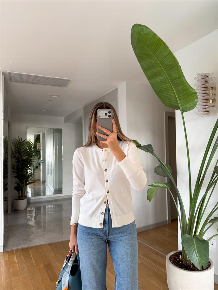 Swain Bisiklet Yaka Düğmeli Triko Hırka - Ekru