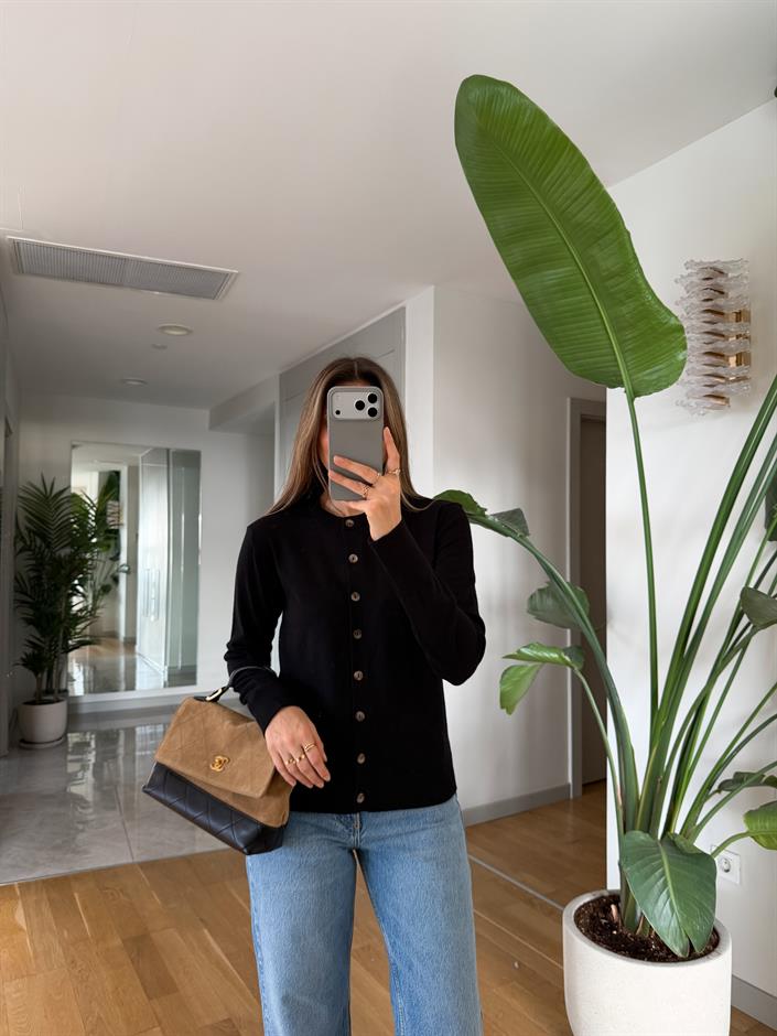 Swain Bisiklet Yaka Düğmeli Triko Hırka - Siyah