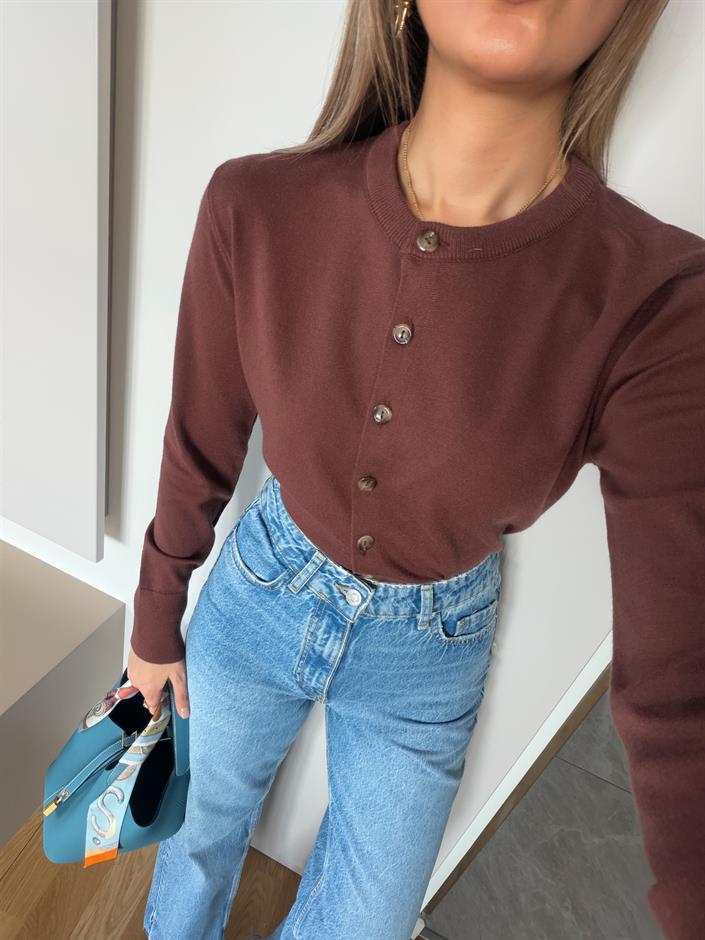 Swain Bisiklet Yaka Düğmeli Triko Hırka - Kahve