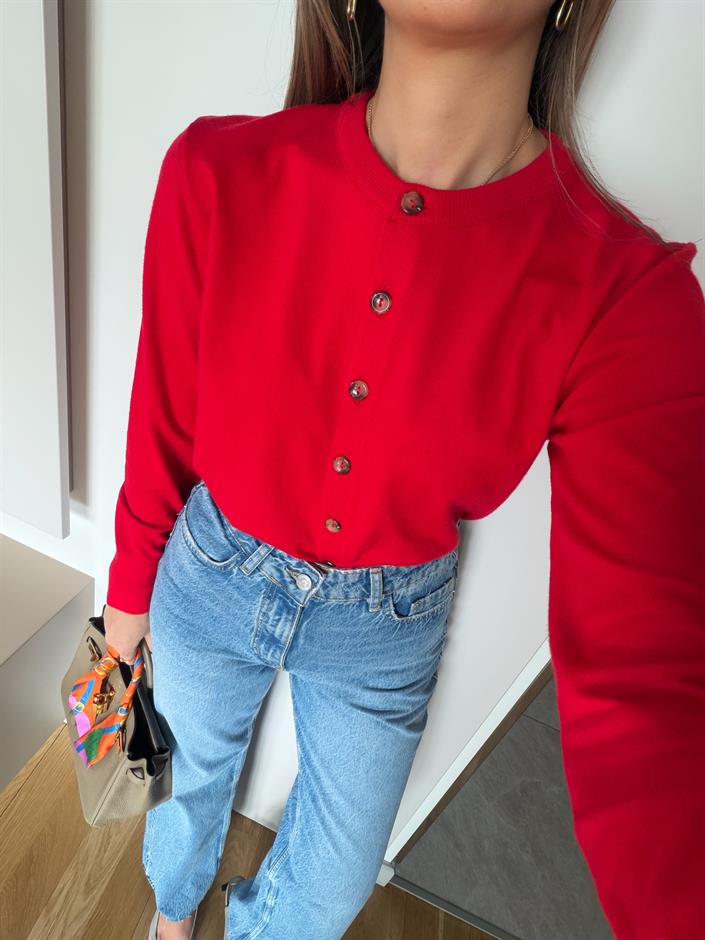 Swain  Bisiklet Yaka Düğmeli Triko Hırka - Kırmızı