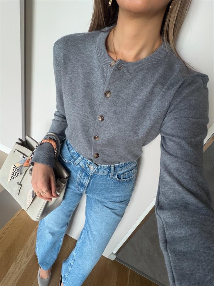 Swain Bisiklet Yaka Düğmeli Triko Hırka - Gri