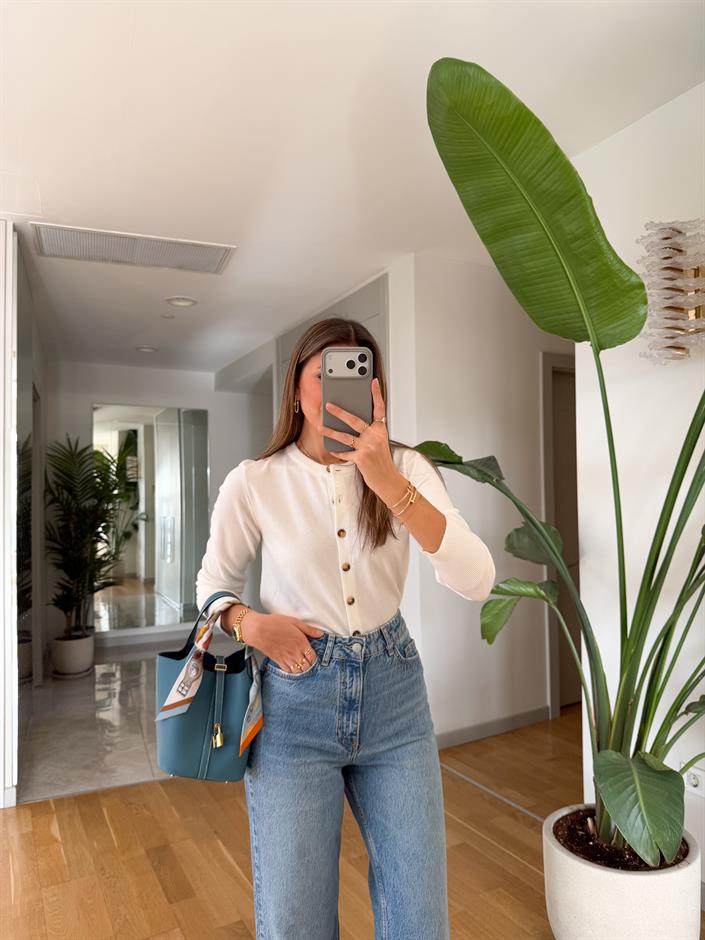 Swain Bisiklet Yaka Düğmeli Triko Hırka - Ekru