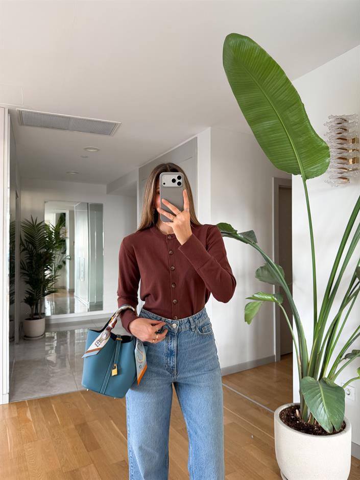 Swain Bisiklet Yaka Düğmeli Triko Hırka - Kahve