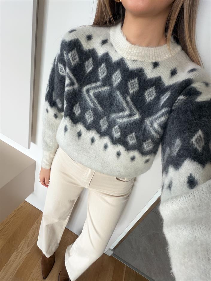 Swite Desenli Kazak - Krem Antrasit