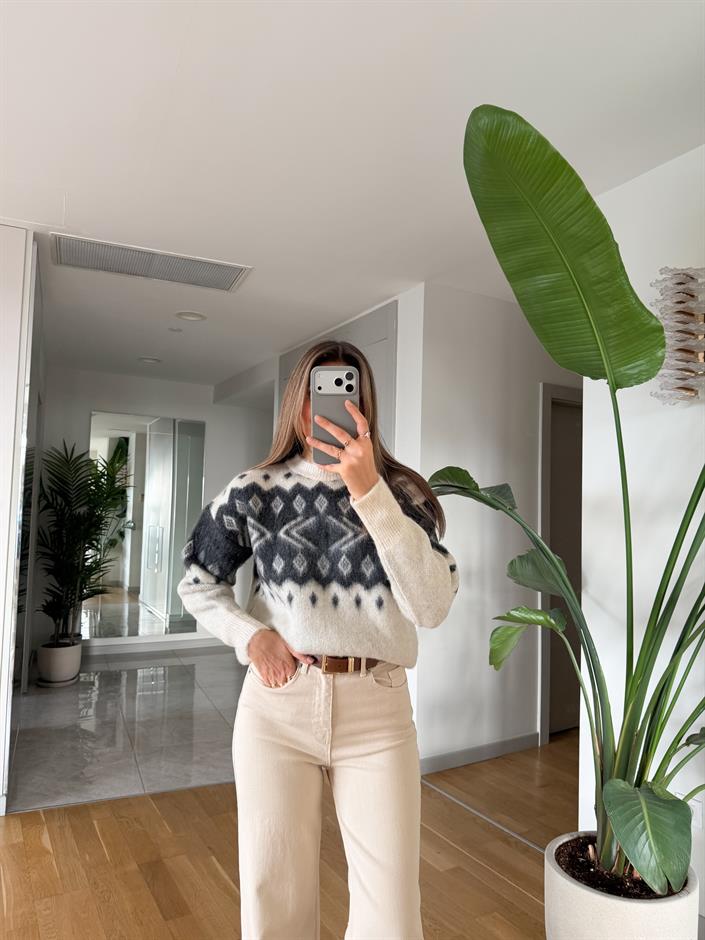 Swite Desenli Kazak - Krem Antrasit