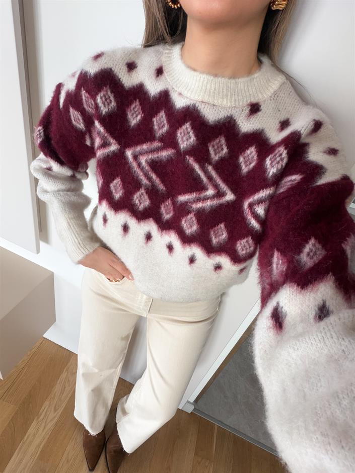 Swite Desenli Kazak - Krem Bordo
