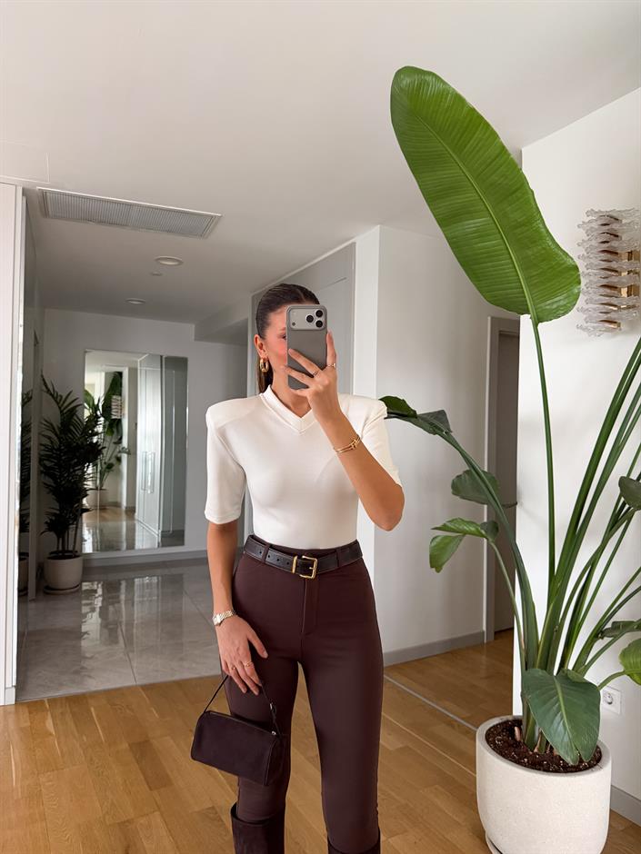 Tarte Vatkalı V Yaka Bodysuit - Ekru