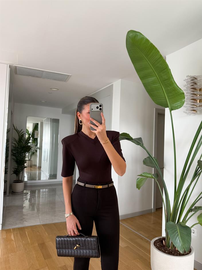 Tarte Vatkalı V Yaka Bodysuit - Kahve