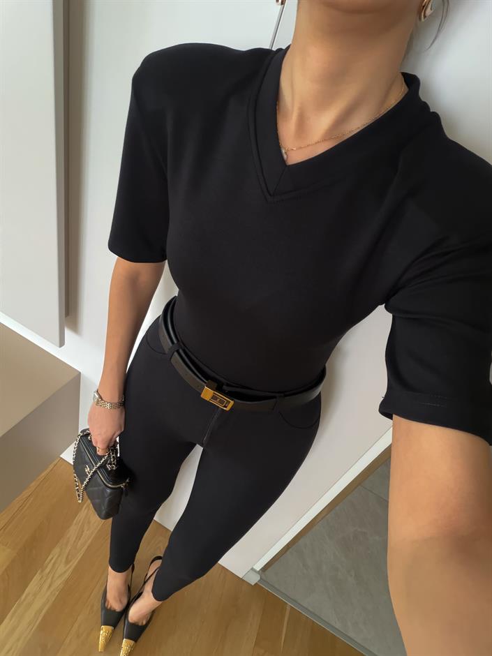 Tarte Vatkalı V Yaka Bodysuit - Siyah
