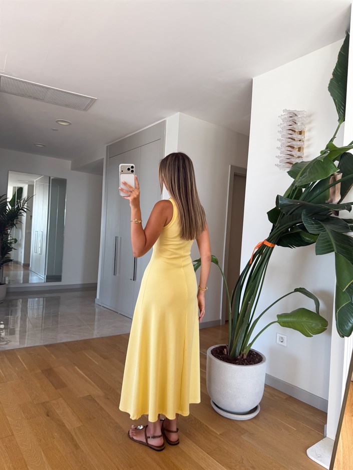 Taş Çakımlı Askılı Fitilli Elbise - Sarı