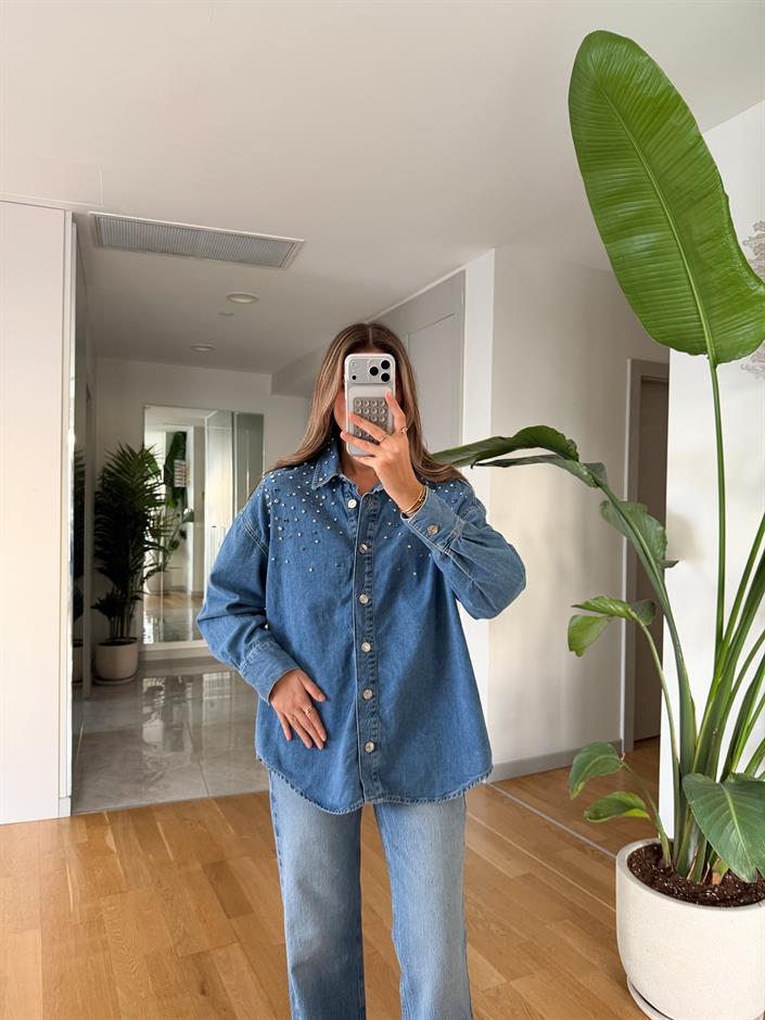 Taş Çakımlı Denim Gömlek - Mavi 