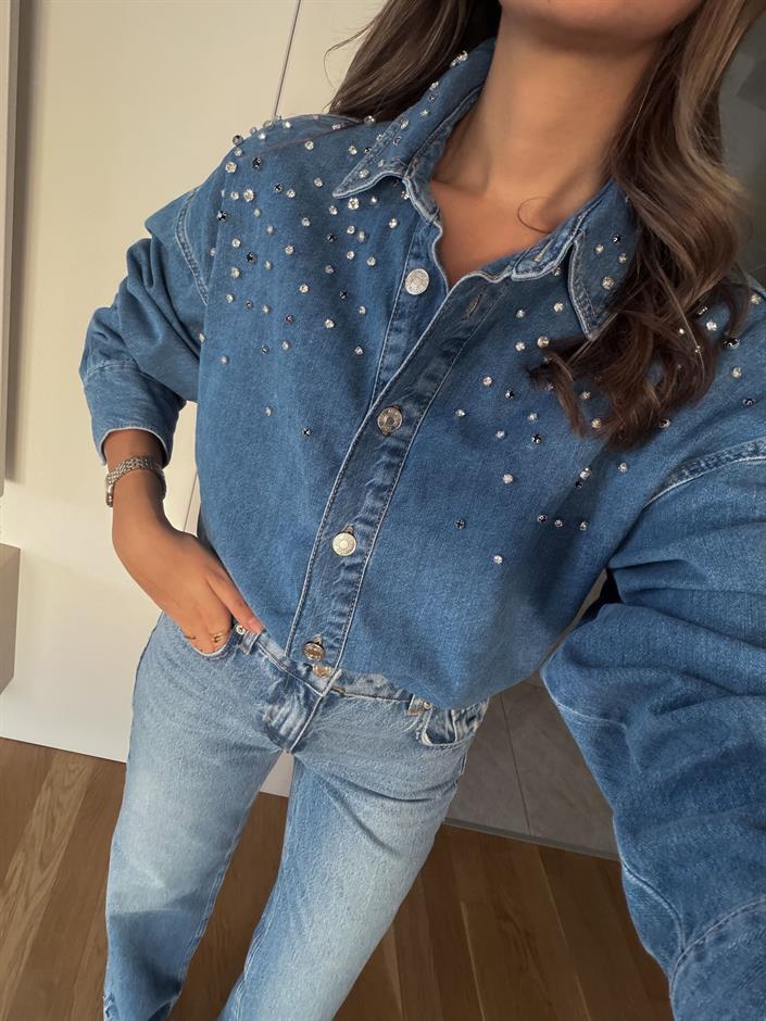 Taş Çakımlı Denim Gömlek - Mavi 