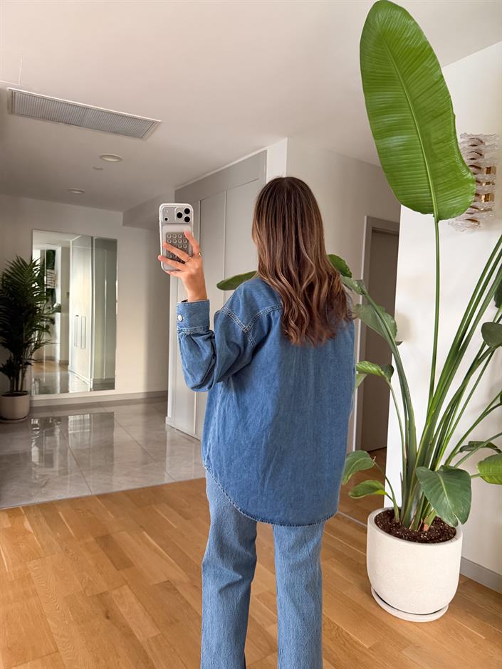 Taş Çakımlı Denim Gömlek - Mavi 