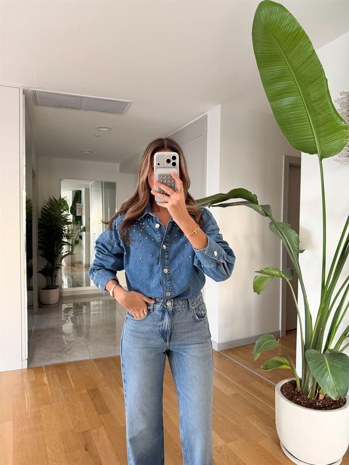 Taş Çakımlı Denim Gömlek - Mavi 