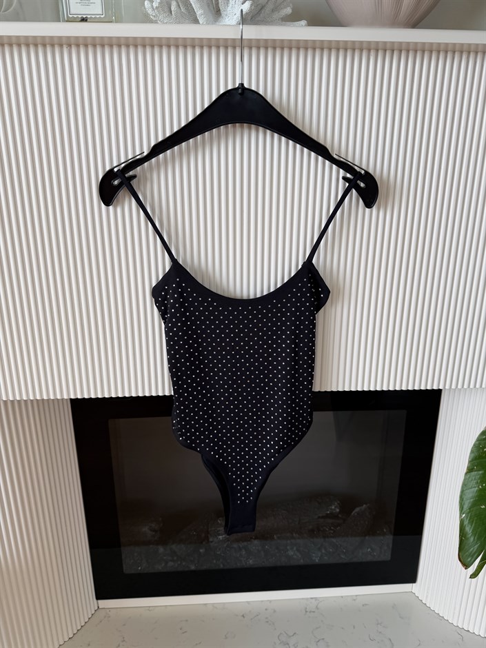 Taş Detaylı Askılı Bodysuit - Siyah