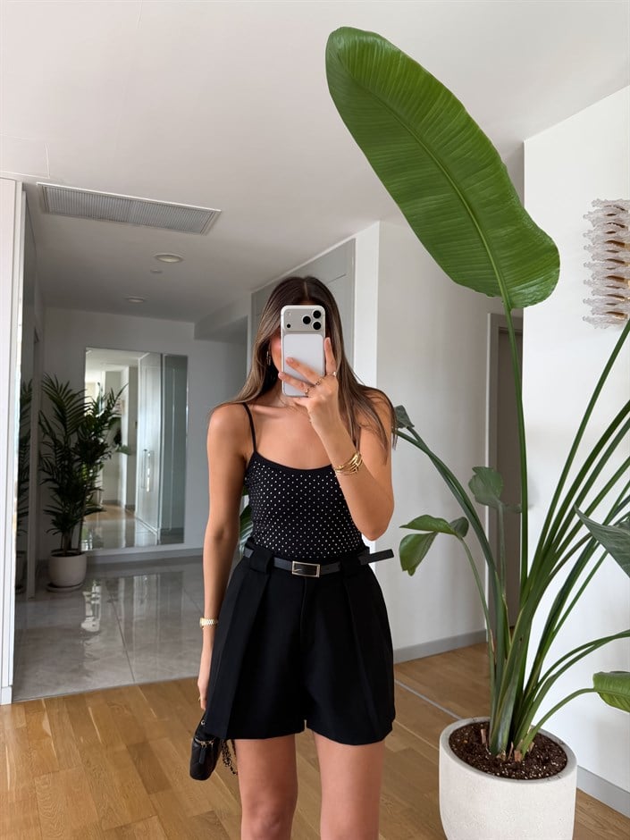Taş Detaylı Askılı Bodysuit - Siyah