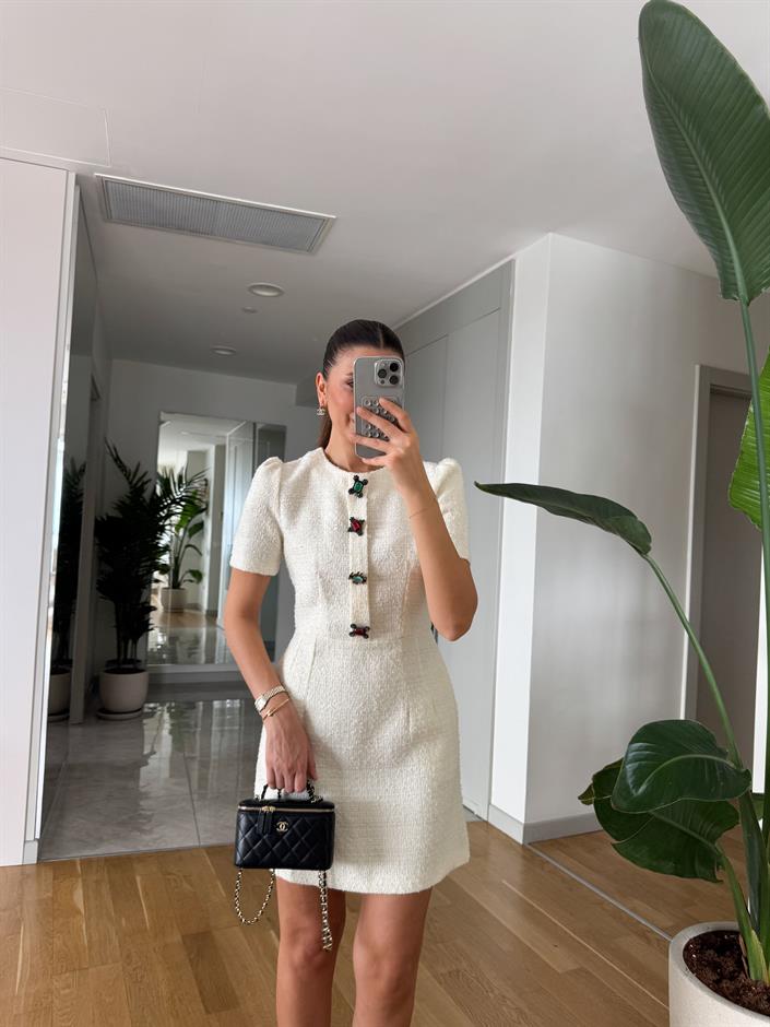 Taş Düğmeli Tüvit Elbise- Ekru
