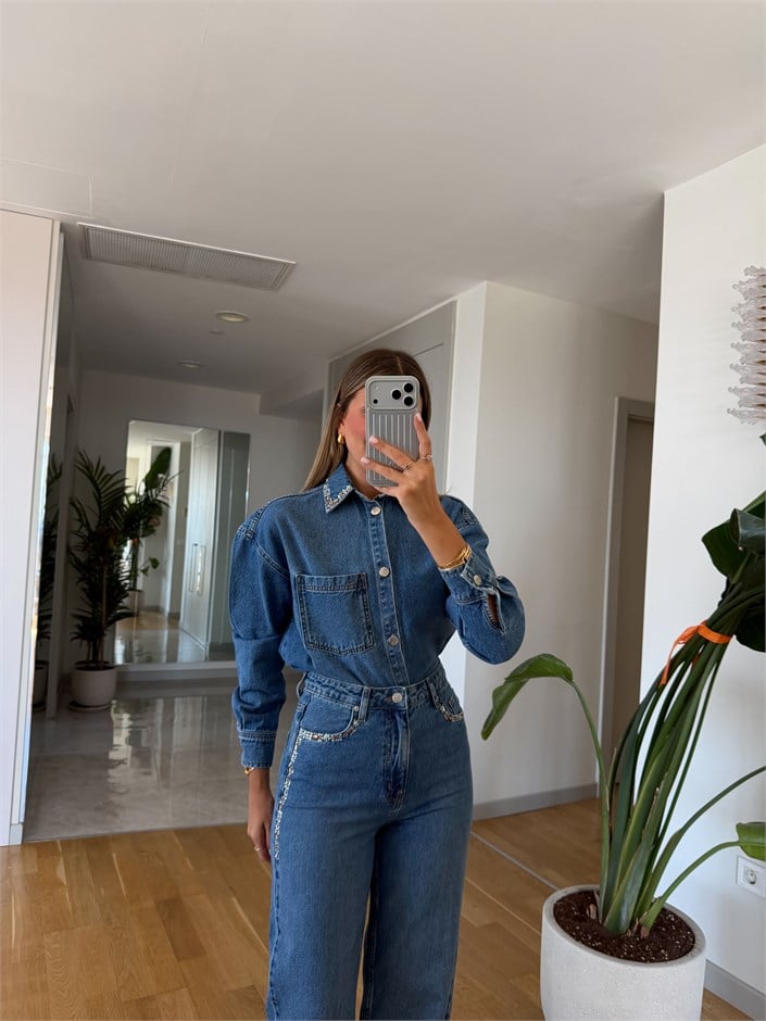 Taş İşlemeli Gömlek Pantolon Denim Takım