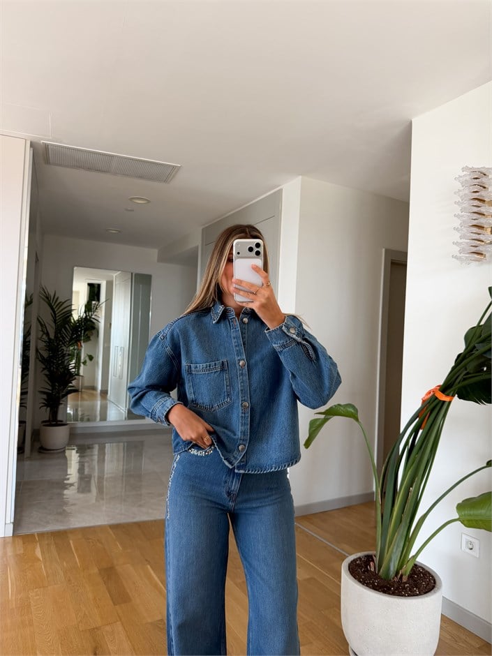 Taş İşlemeli Gömlek Pantolon Denim Takım