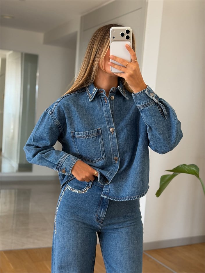 Taş İşlemeli Gömlek Pantolon Denim Takım